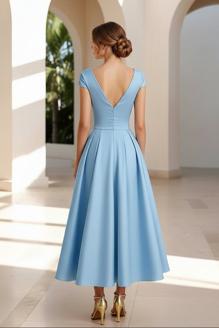 Vestido midi formal con lazo fruncido, escote en V y manga casquillo