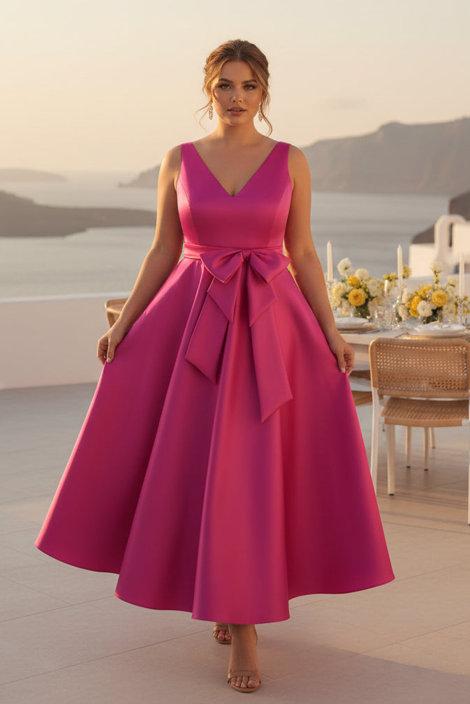 Vestido midi de satén acampanado con cuello en V, lazo y bolsillos