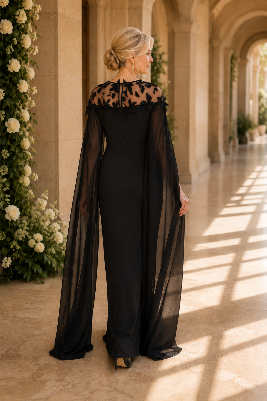 Vestido de noche con capa y escote ilusión