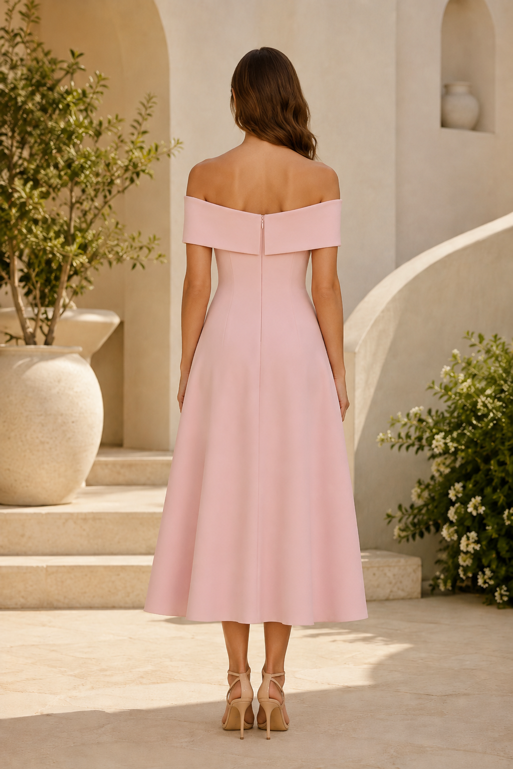 Vestido midi con apliques florales y hombros descubiertos