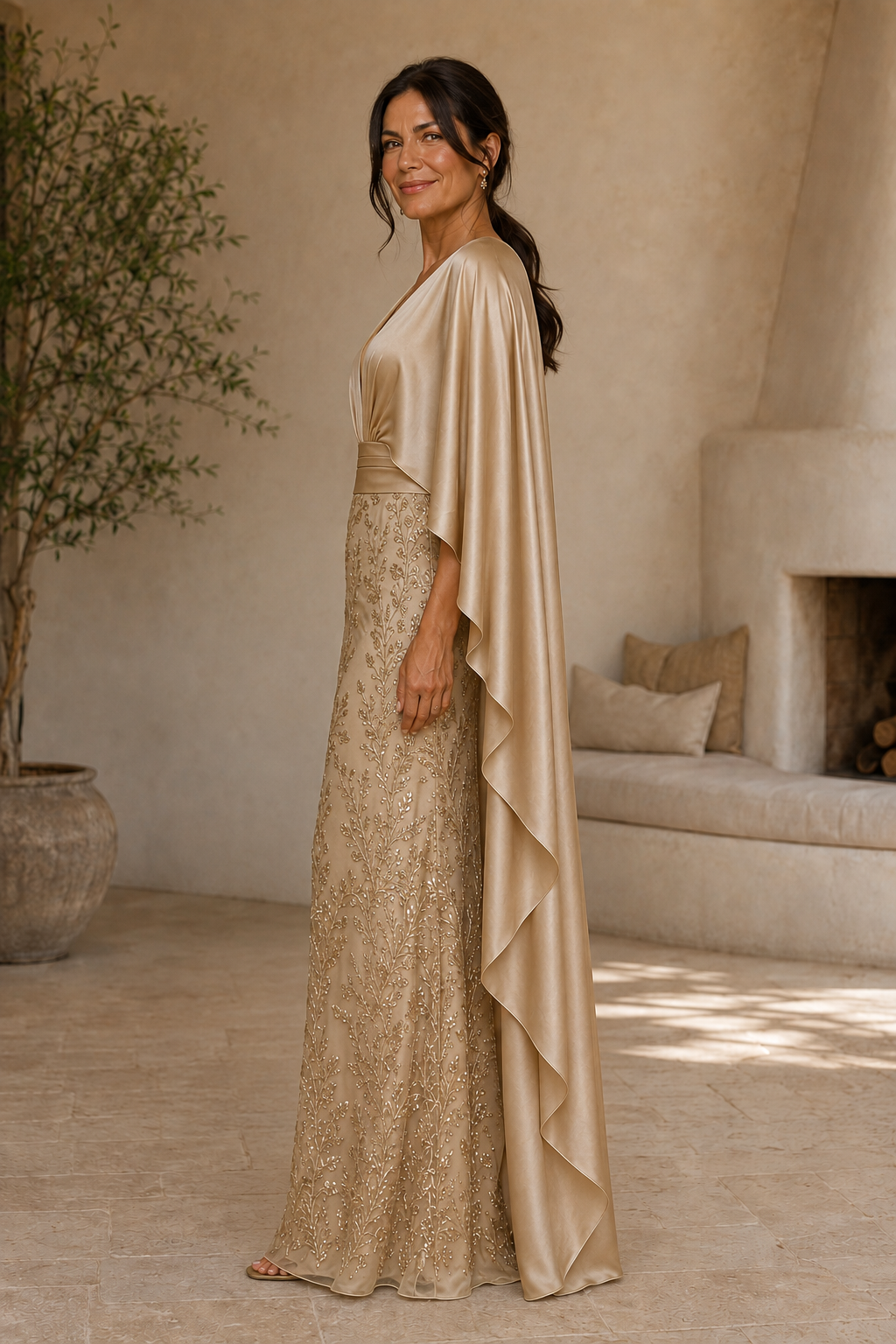 Vestido de raso plisado con capa y falda bordada