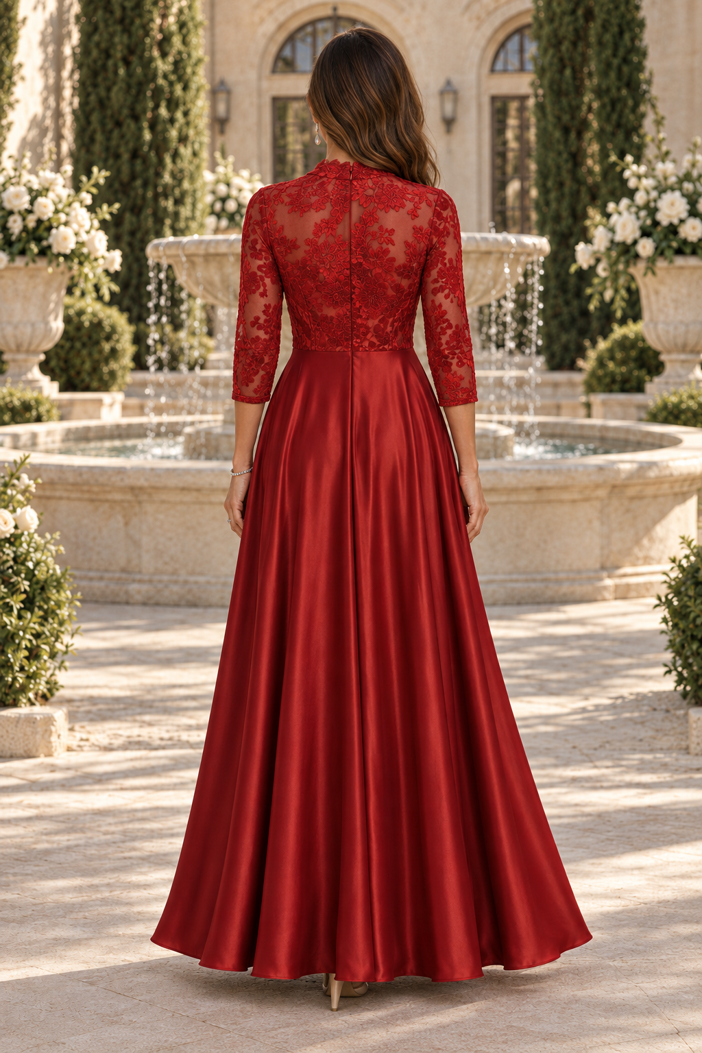 Vestido de noche formal línea A de satén con mangas 3/4 y encaje ilusión