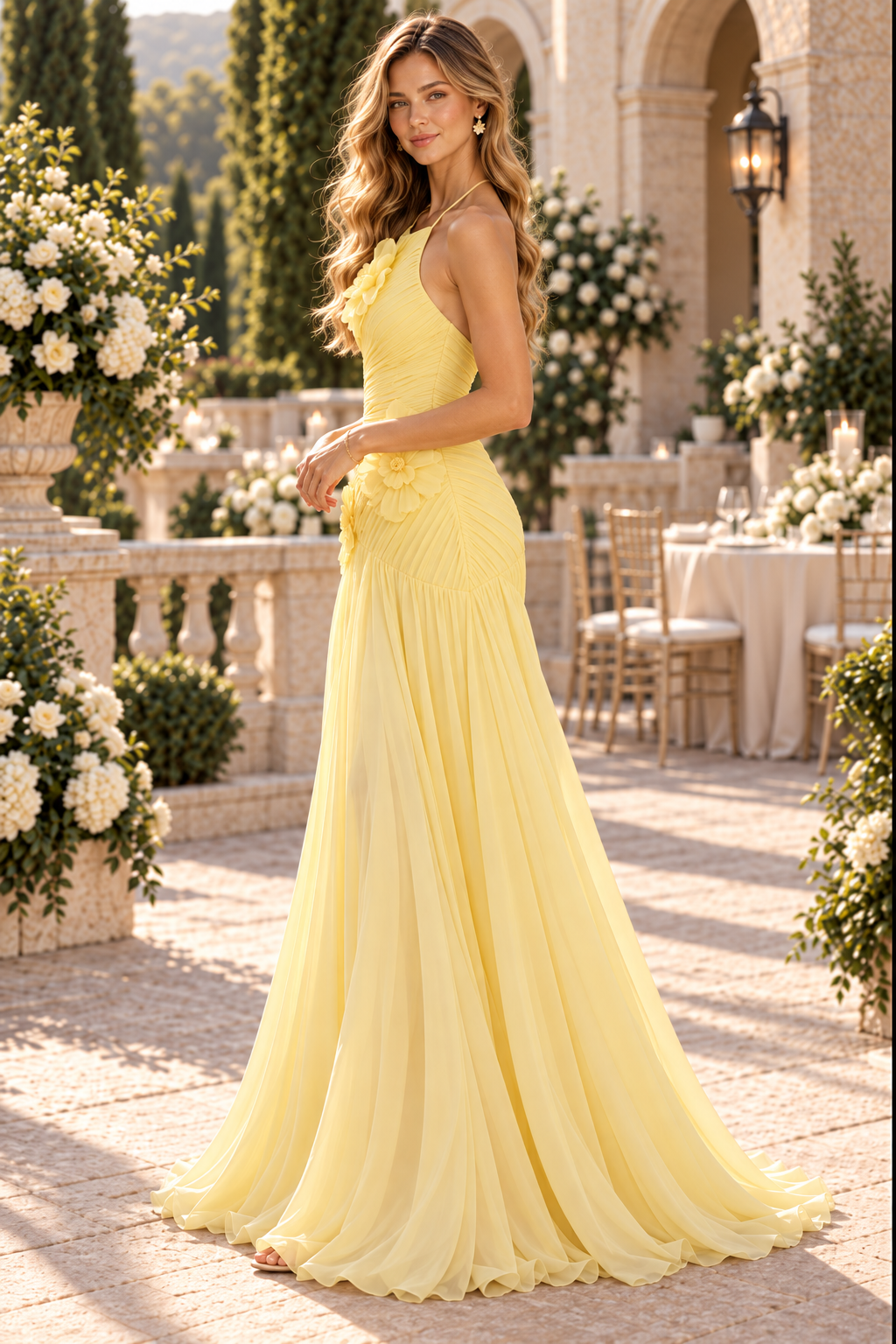 Halter Floral Applique Ruched Evening Gown