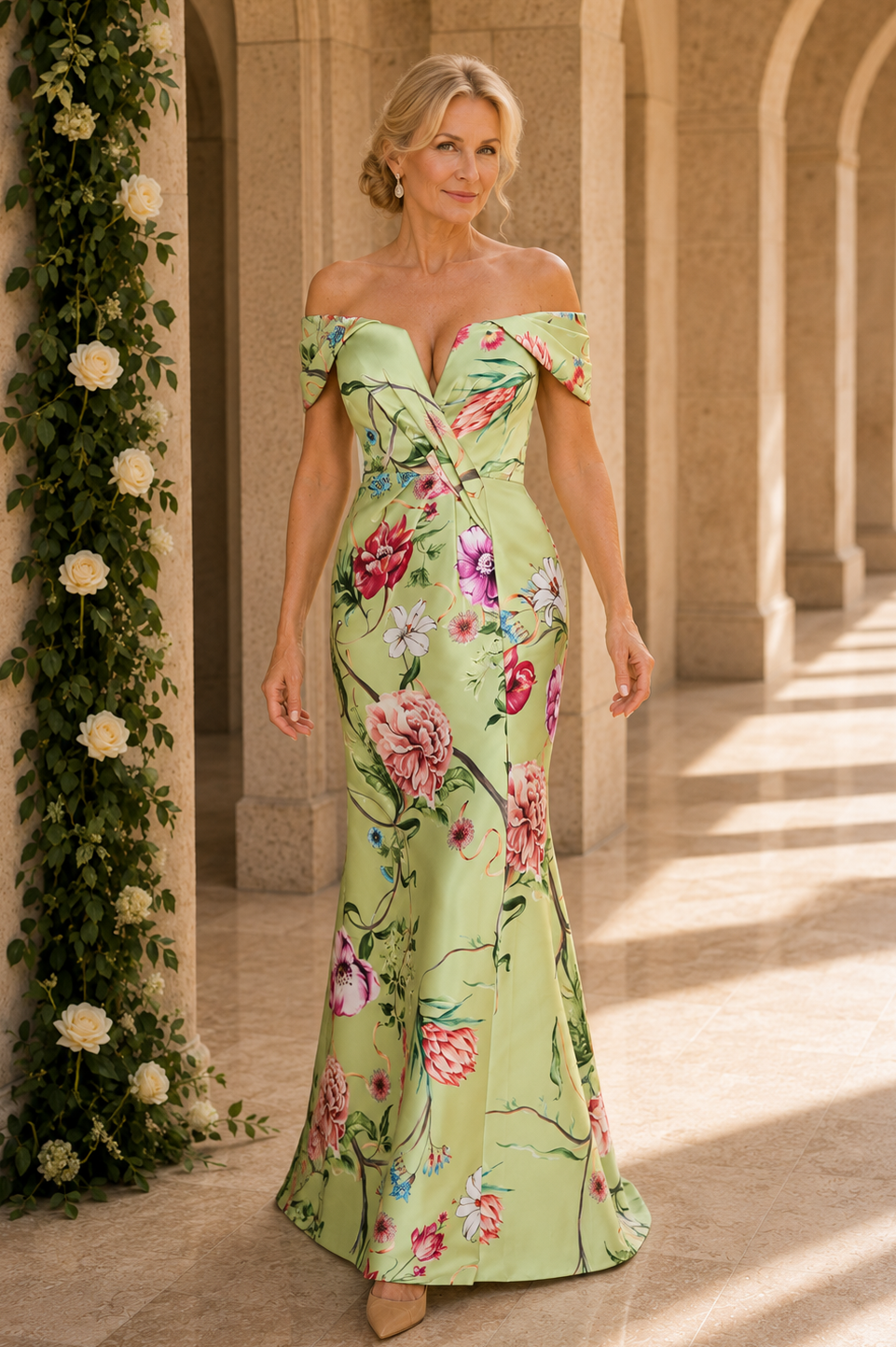 Vestido de noche estilo trompeta de satén floral con hombros descubiertos
