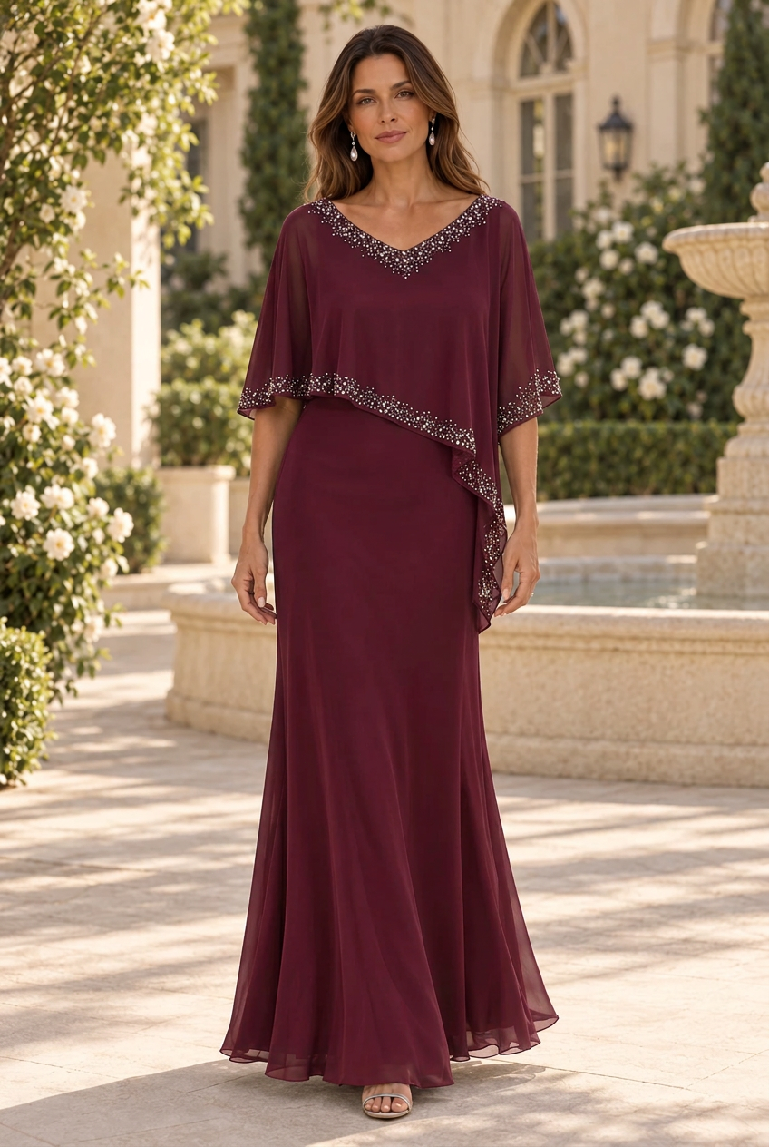 Beaded Asymmetrical Cape Evening Gown