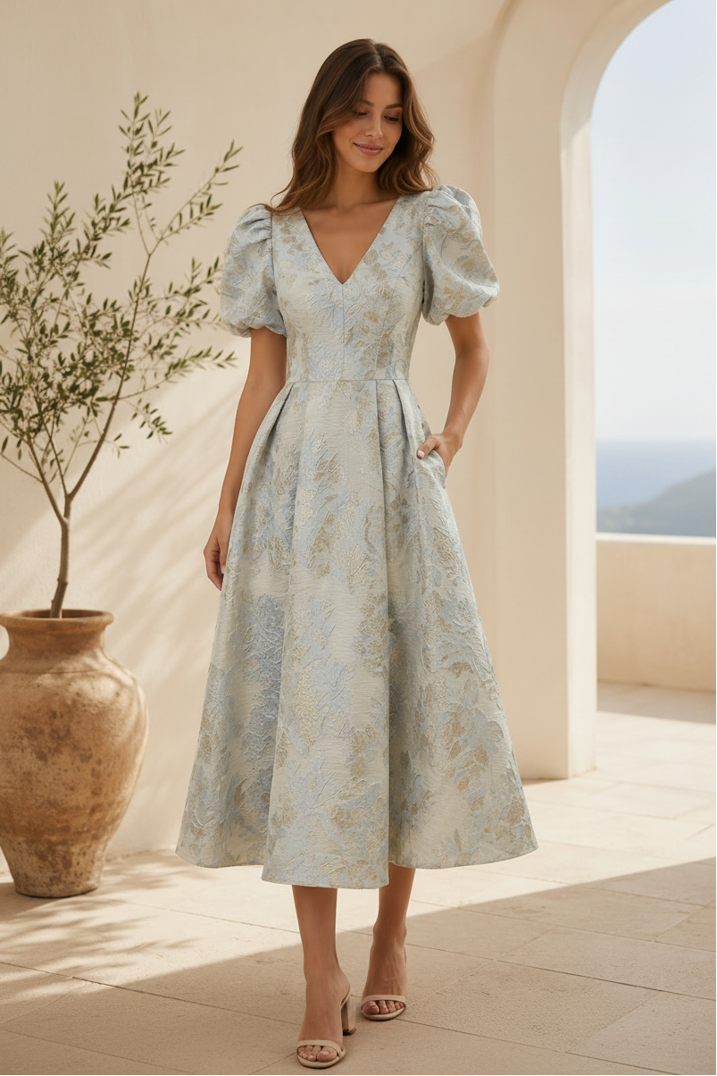 Vestido Midi Jacquard con Mangas Abullonadas y Bolsillos