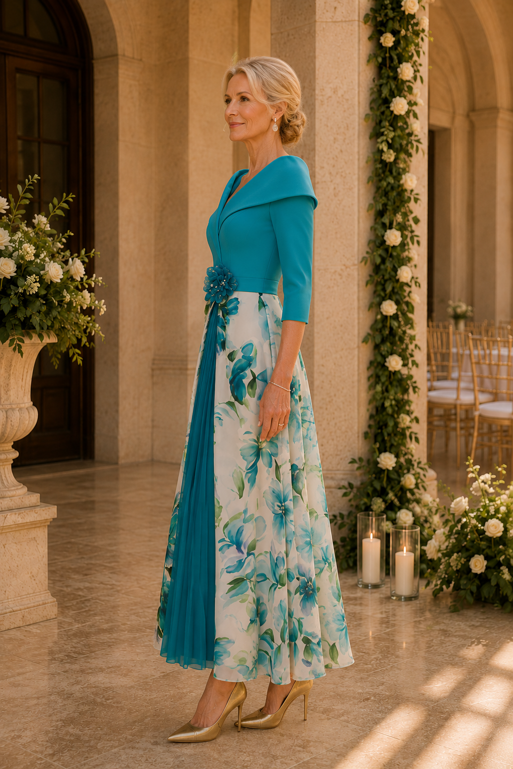 Vestido hasta el tobillo con cuello retrato, floral y plisado