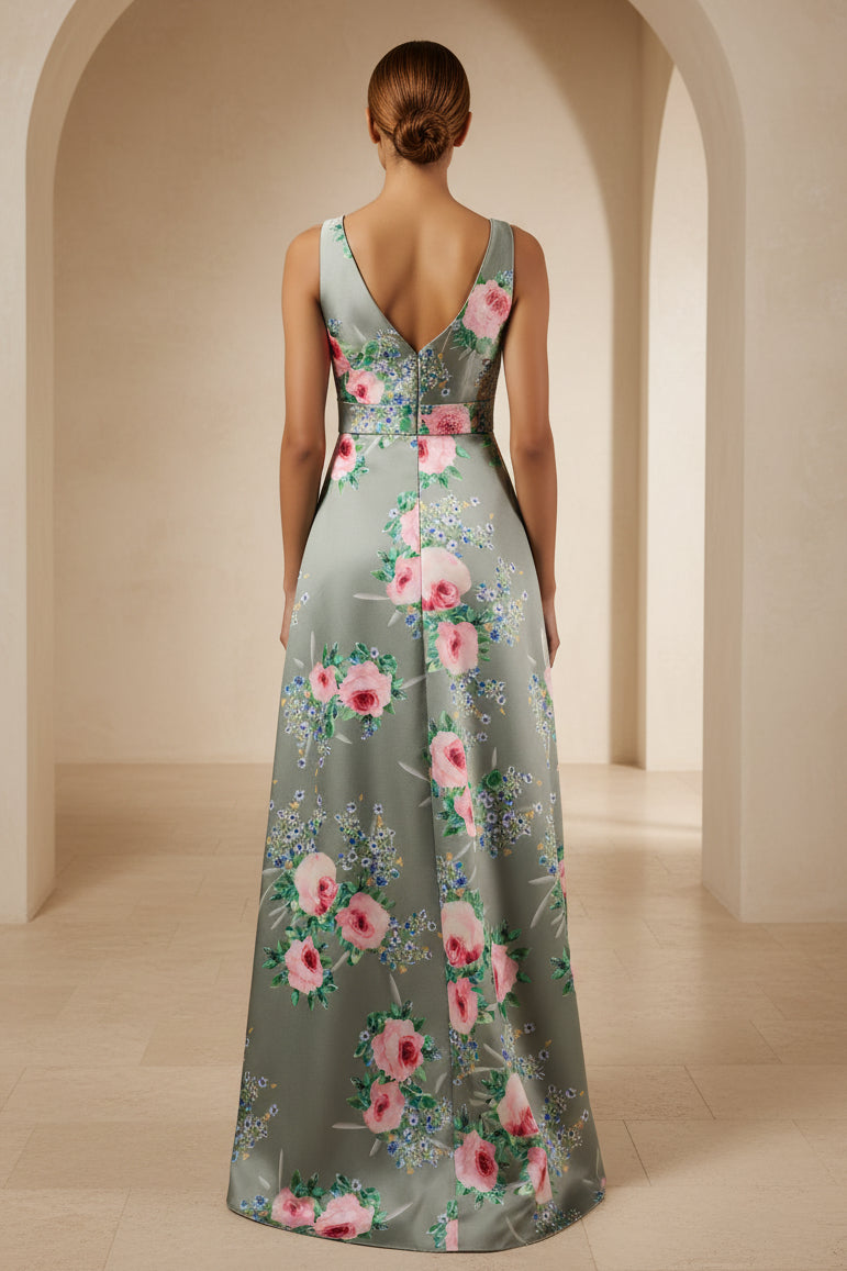 Vestido de noche de satén con cuello de pico y corte en A con estampado floral
