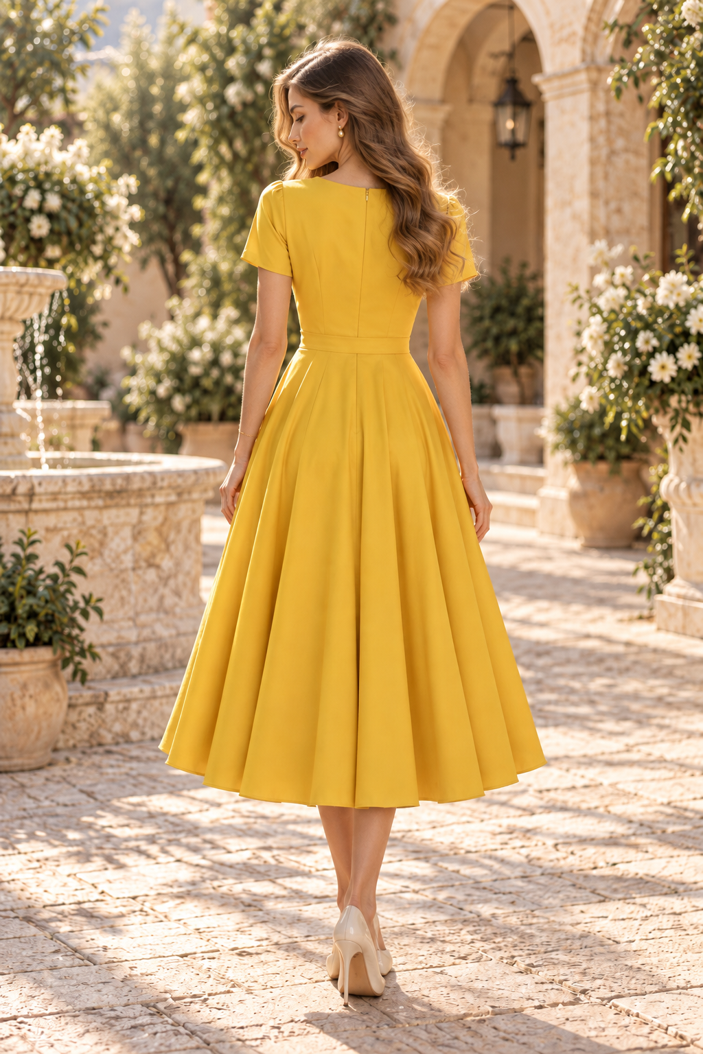 Bow Neckline A-Line Midi Dress with Short Sleeves