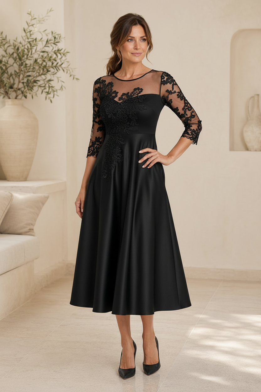Vestido Midi Acampanado con Aplicación de Encaje y Escote Ilusión