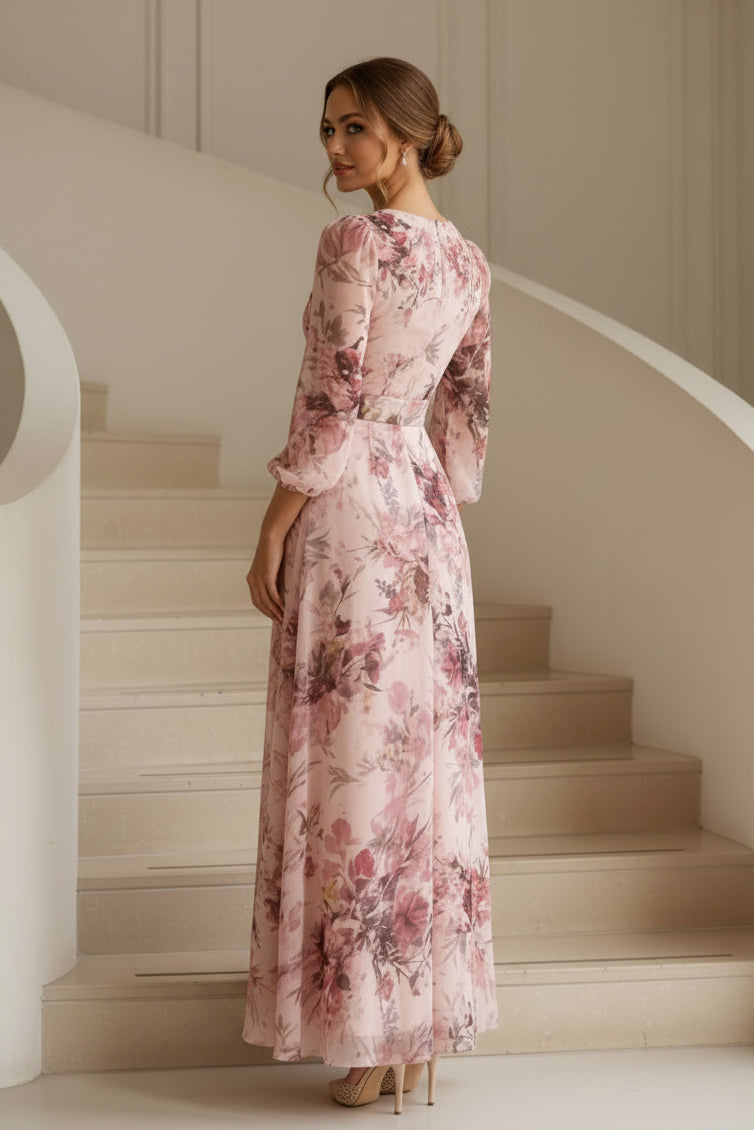 Maxivestido cruzado de gasa floral con mangas 3/4