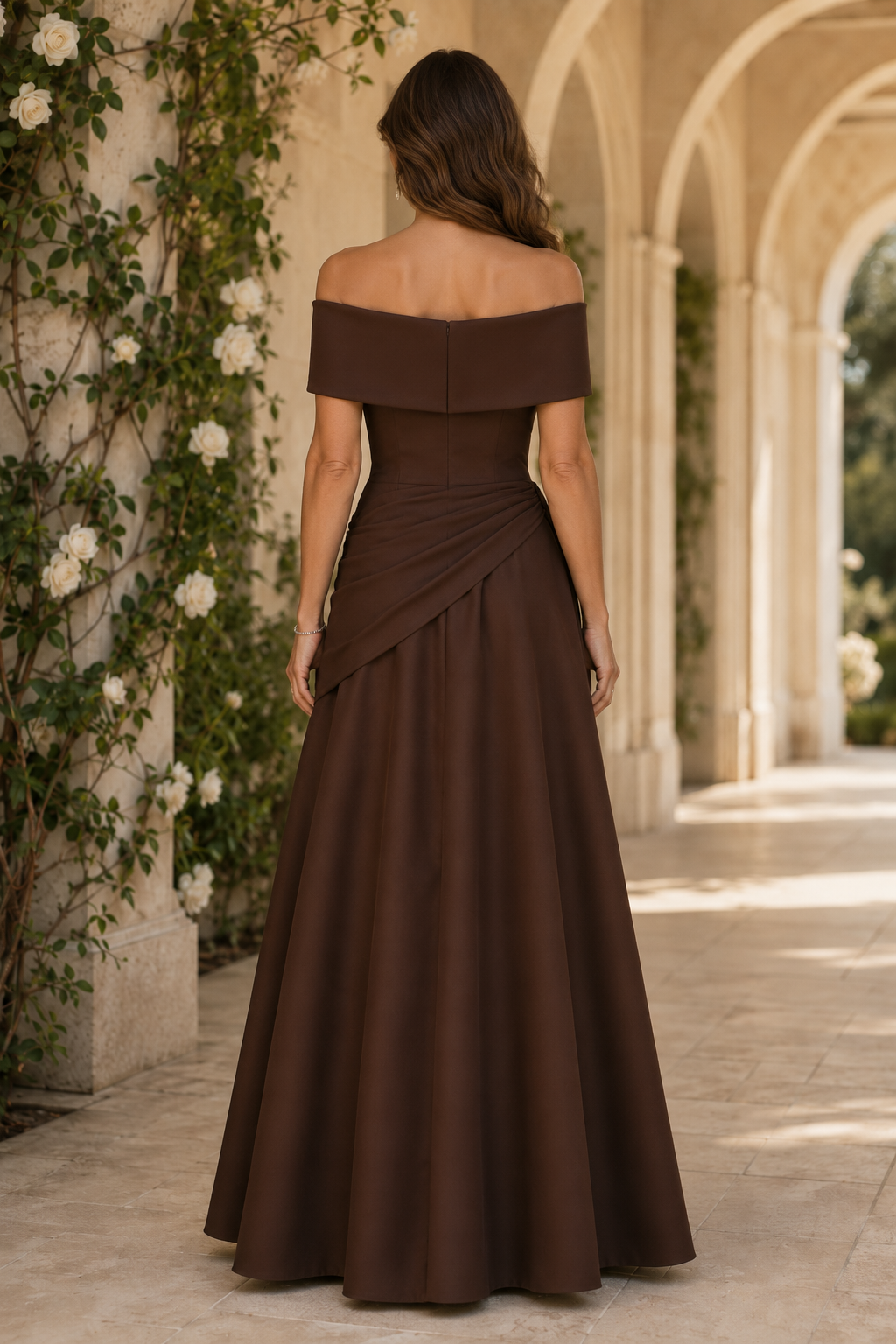 Vestido largo de corte en A, con hombros descubiertos, drapeado y con pedrería