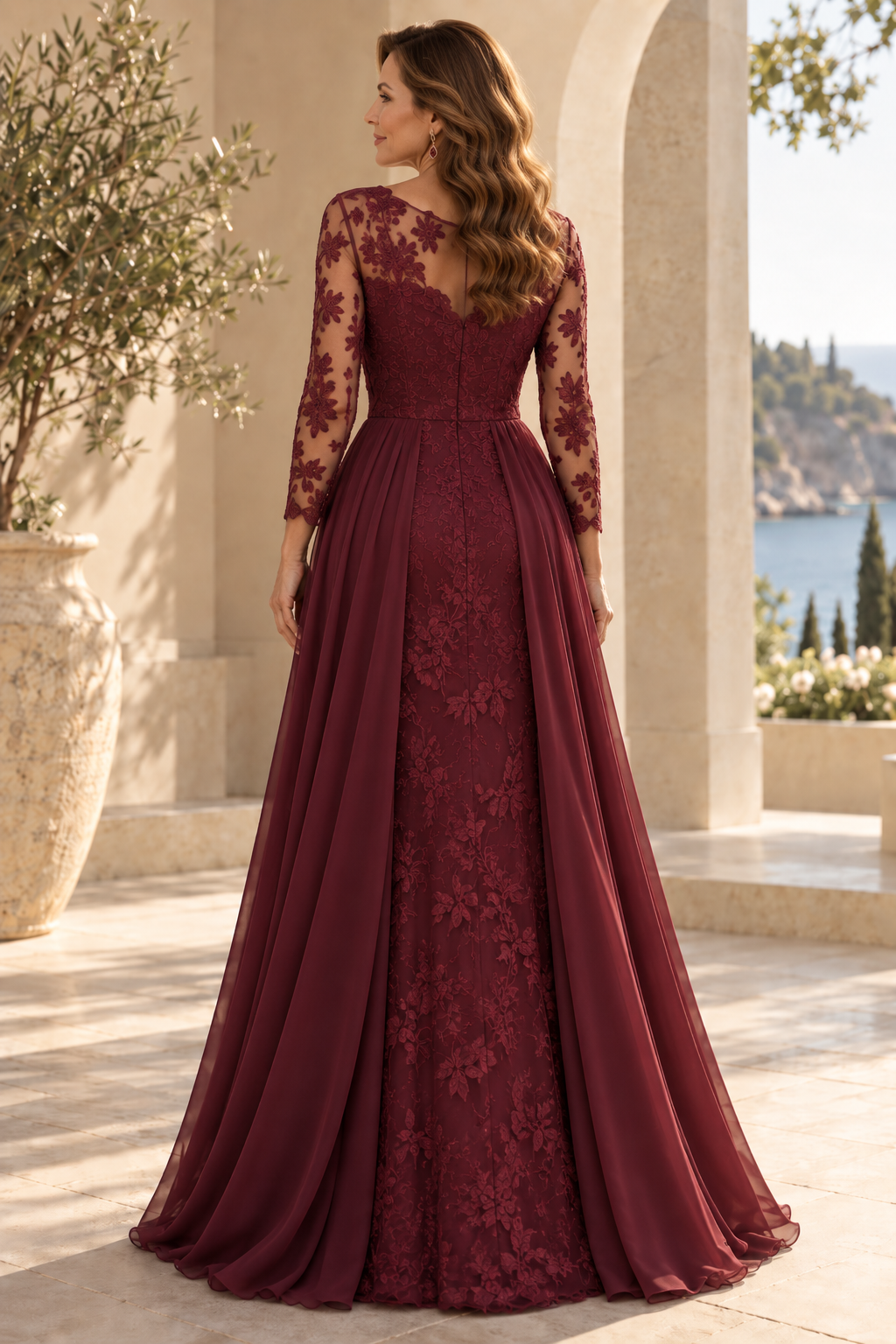Lace Long Sleeve Evening Gown with Chiffon Overskirt