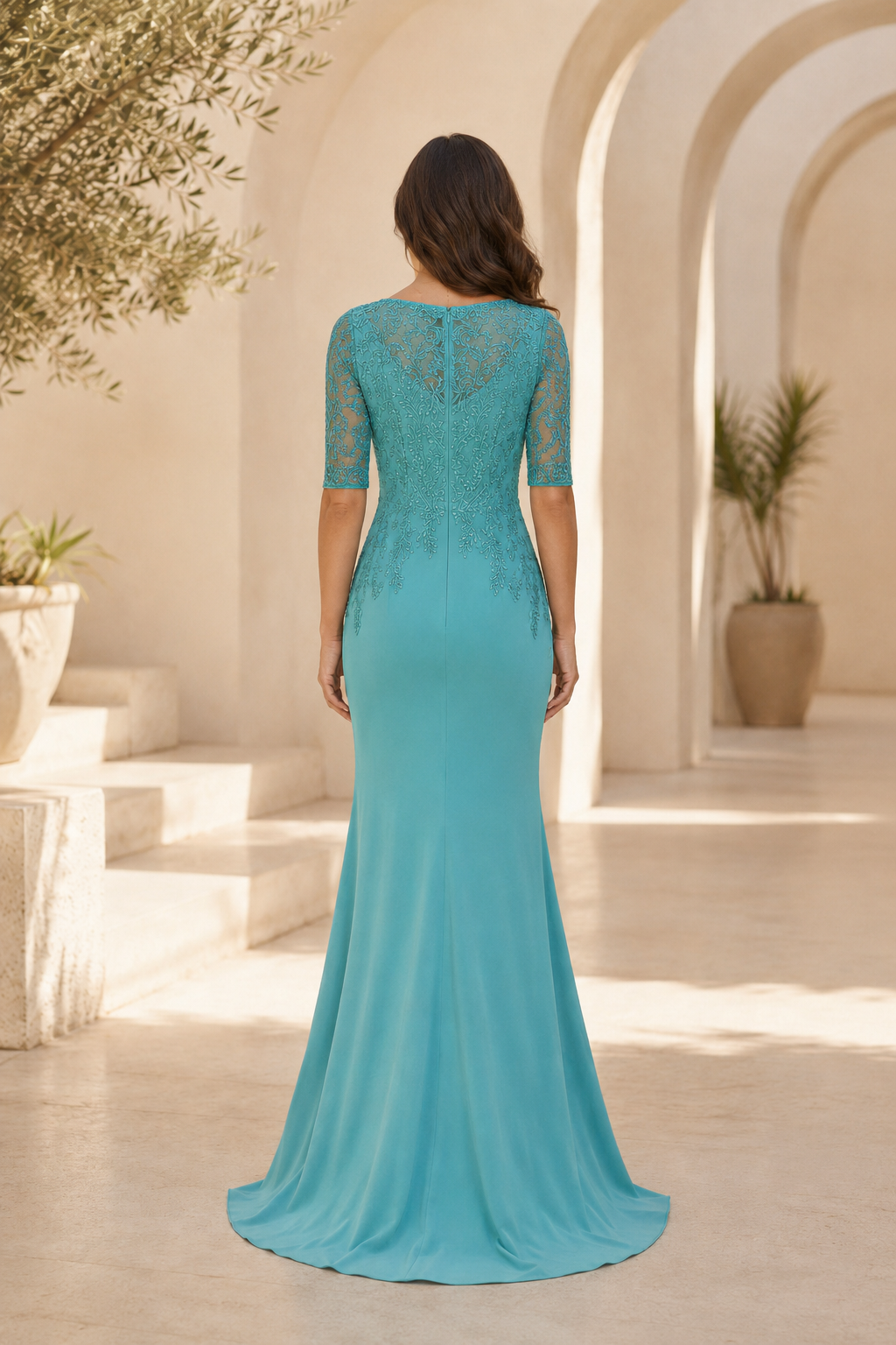 Vestido de noche sirena con encaje de ilusión