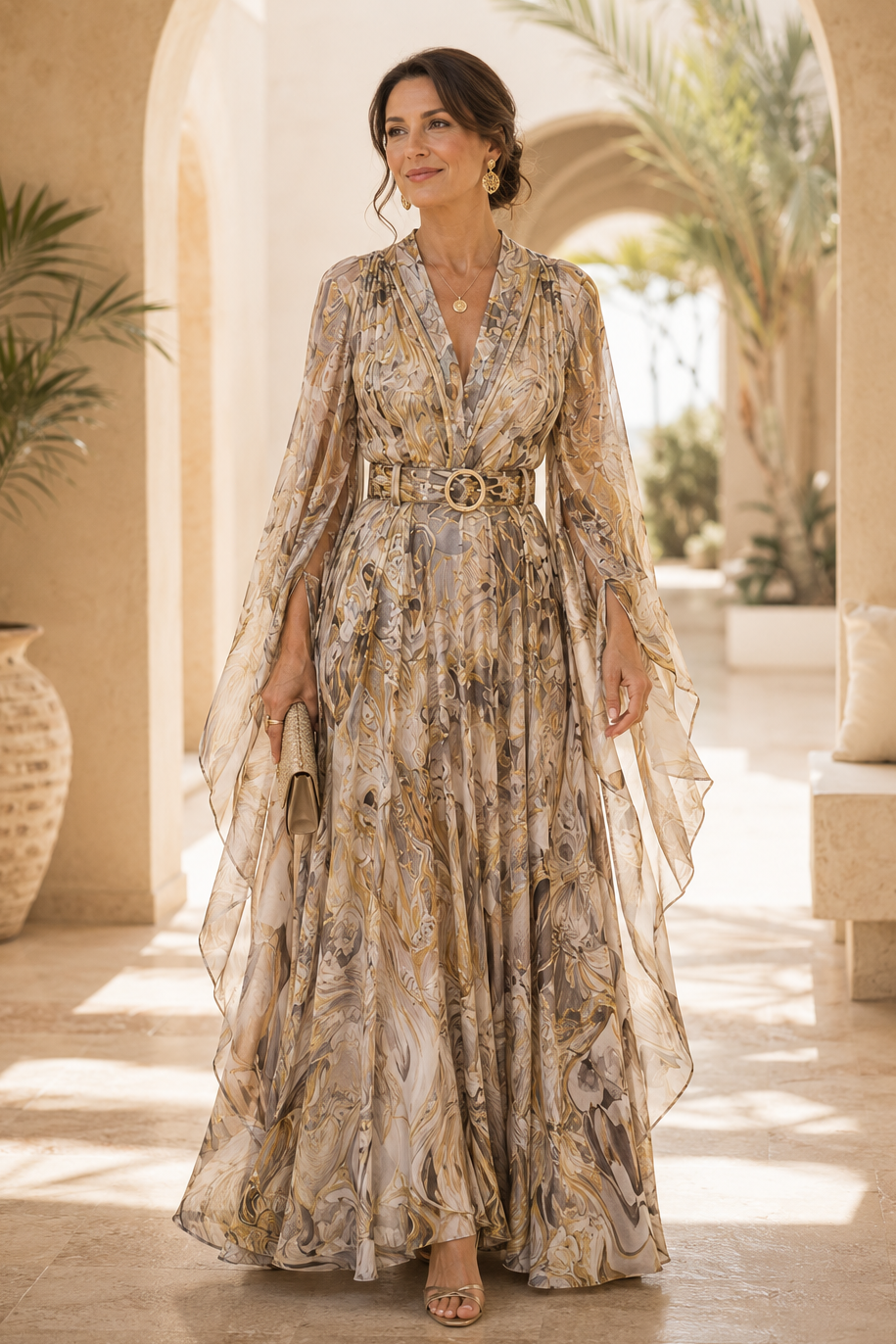 Maxivestido estampado con mangas de capa y cinturón