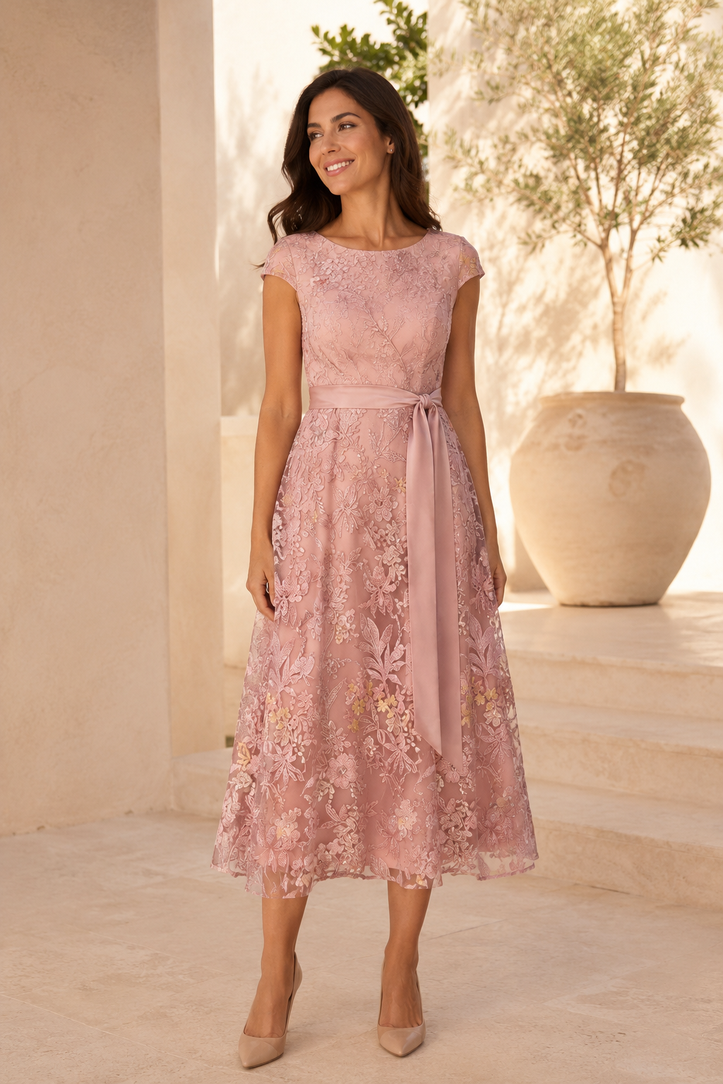 Vestido Midi Evasé de Encaje Bordado con Manga Casquillo