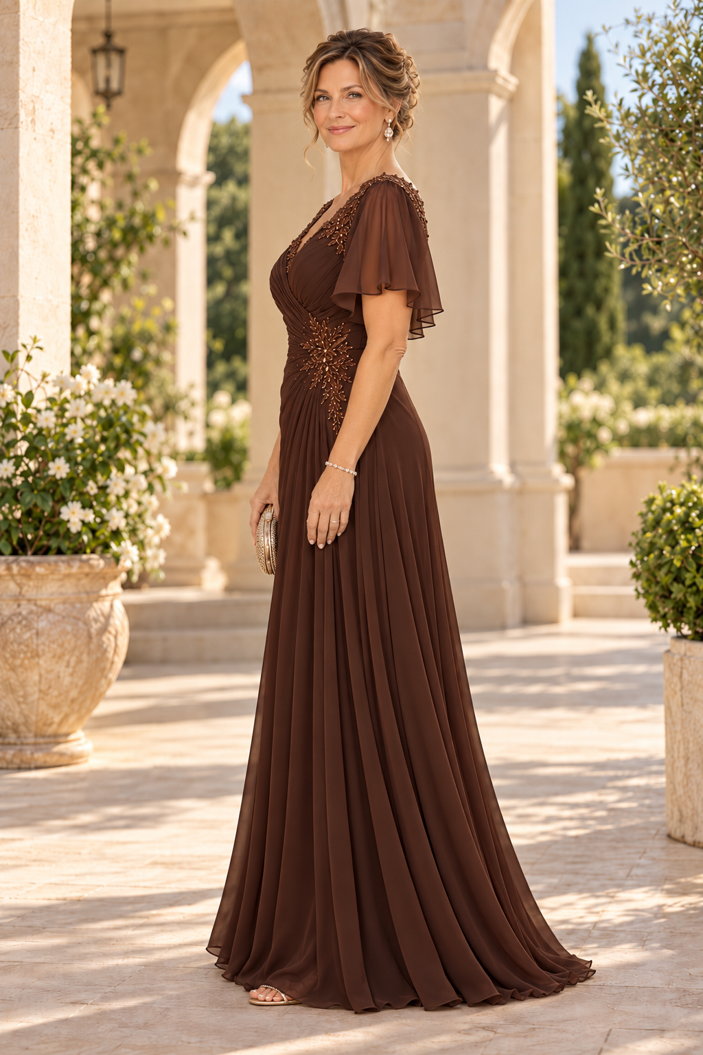 Ruched Chiffon A-Line Gown with Flutter Sleeves