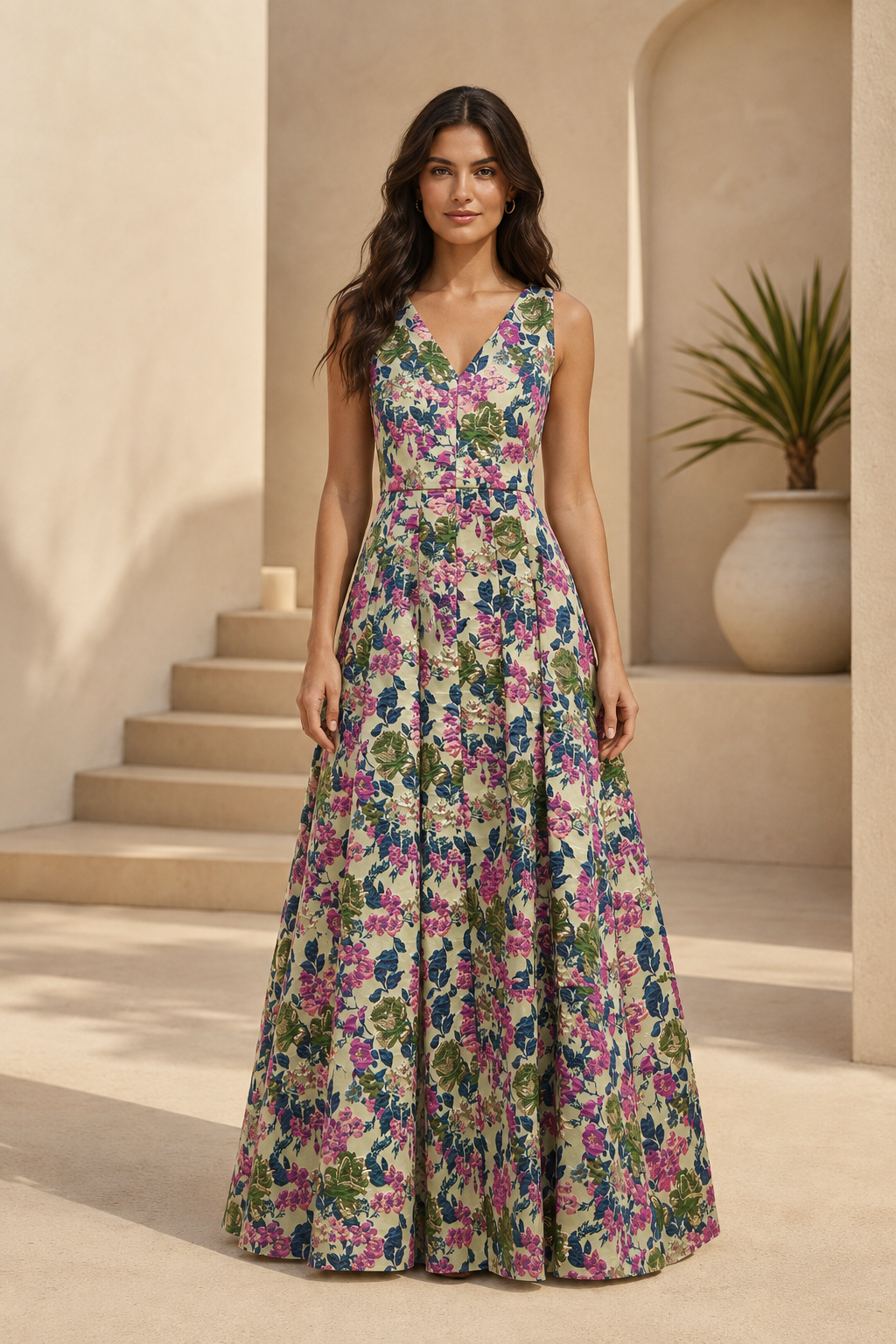 Vestido maxi de línea A de jacquard floral