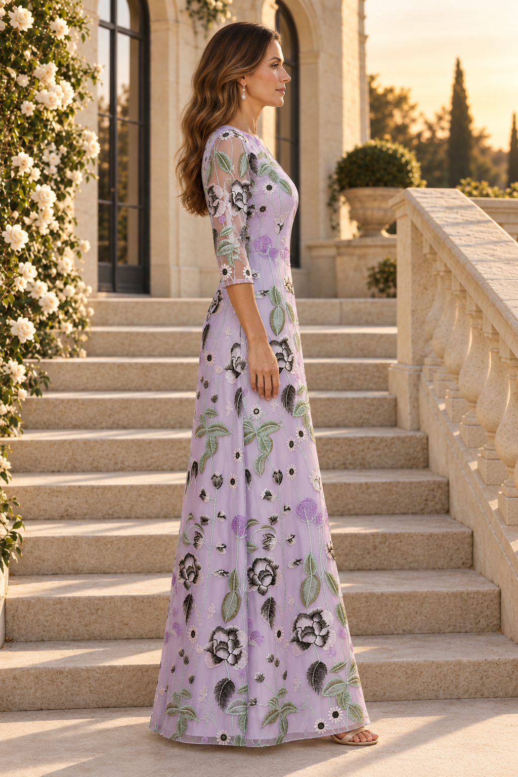 Vestido de corte A floral bordado con mangas 3/4