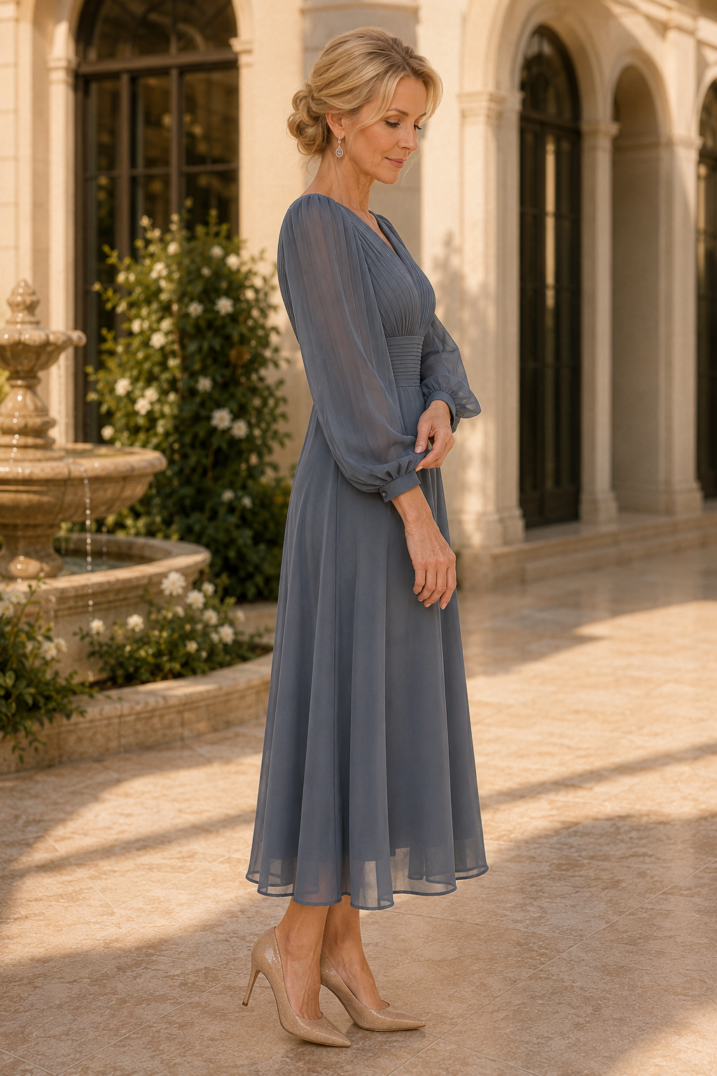 Vestido Midi con Escote en V, Plisado y Mangas Largas de Gasa