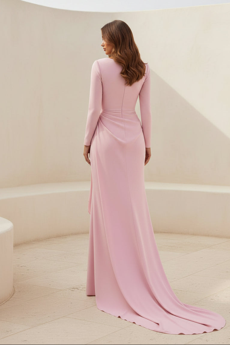 Elegante Vestido de Noche con Cuello V, Manga Larga y Drapeado Lateral