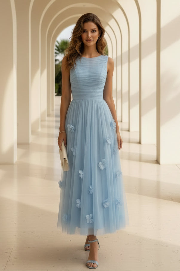 Vestido Midi Evasé de Tul Fruncido con Flores 3D