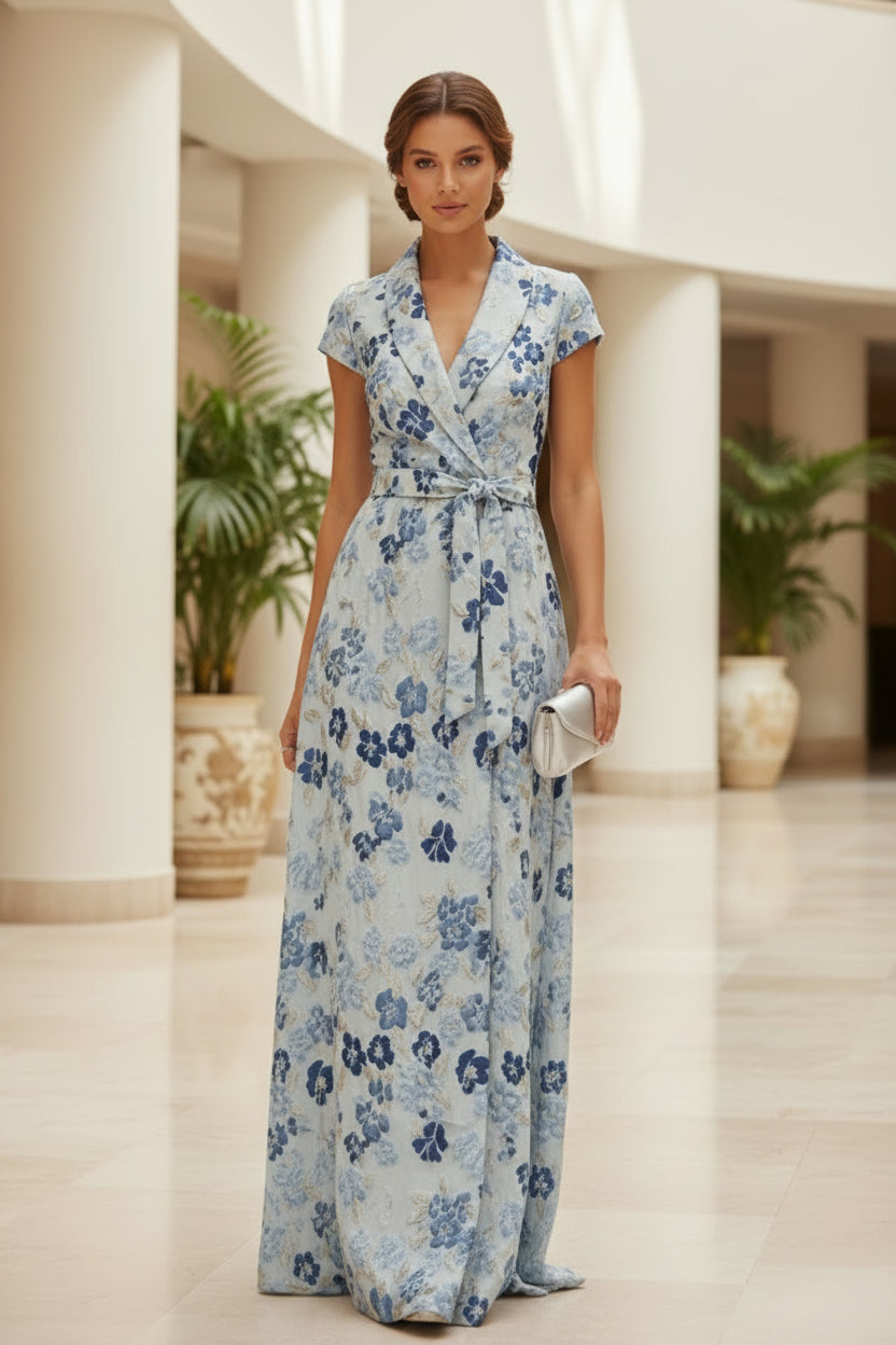 Vestido largo cruzado de jacquard floral con cinturón tipo faja