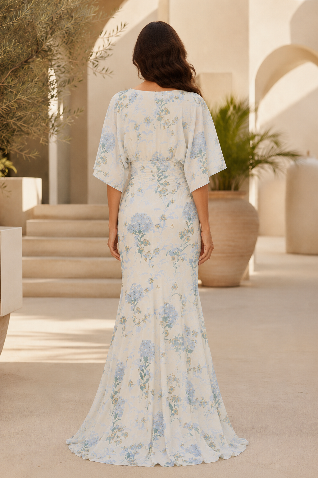 Vestido de noche de sirena con estampado floral y manga con volantes