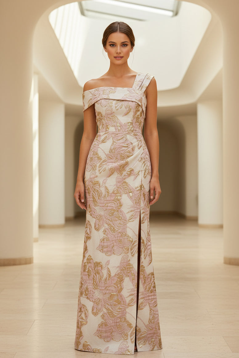 Vestido de noche largo jacquard floral con abertura y un solo hombro