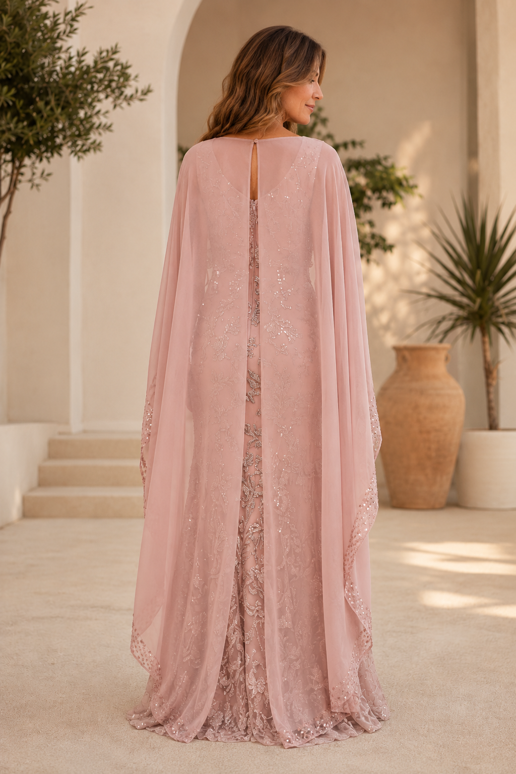 Vestido de gala formal de lentejuelas bordadas con capelina