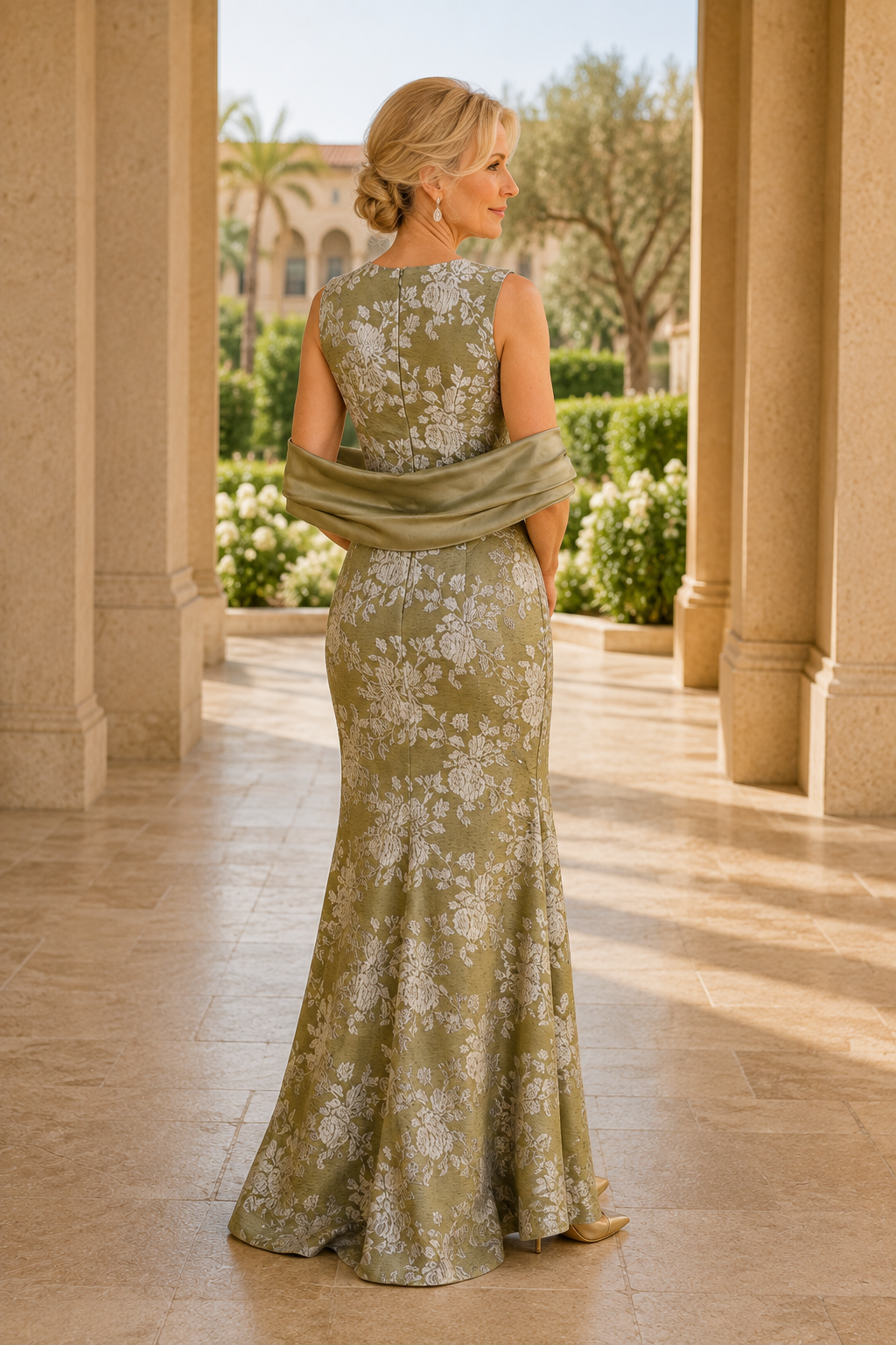 Vestido de noche de jacquard floral sin mangas con corte de trompeta
