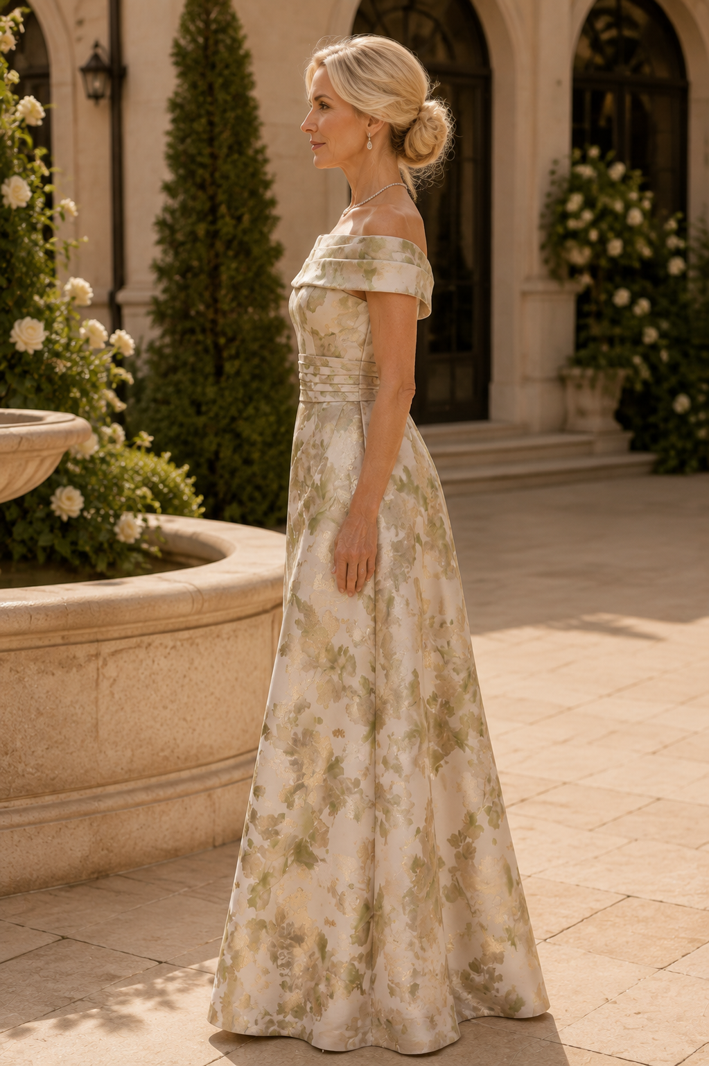 Vestido largo plisado con estampado floral, hombros descubiertos y corte en A