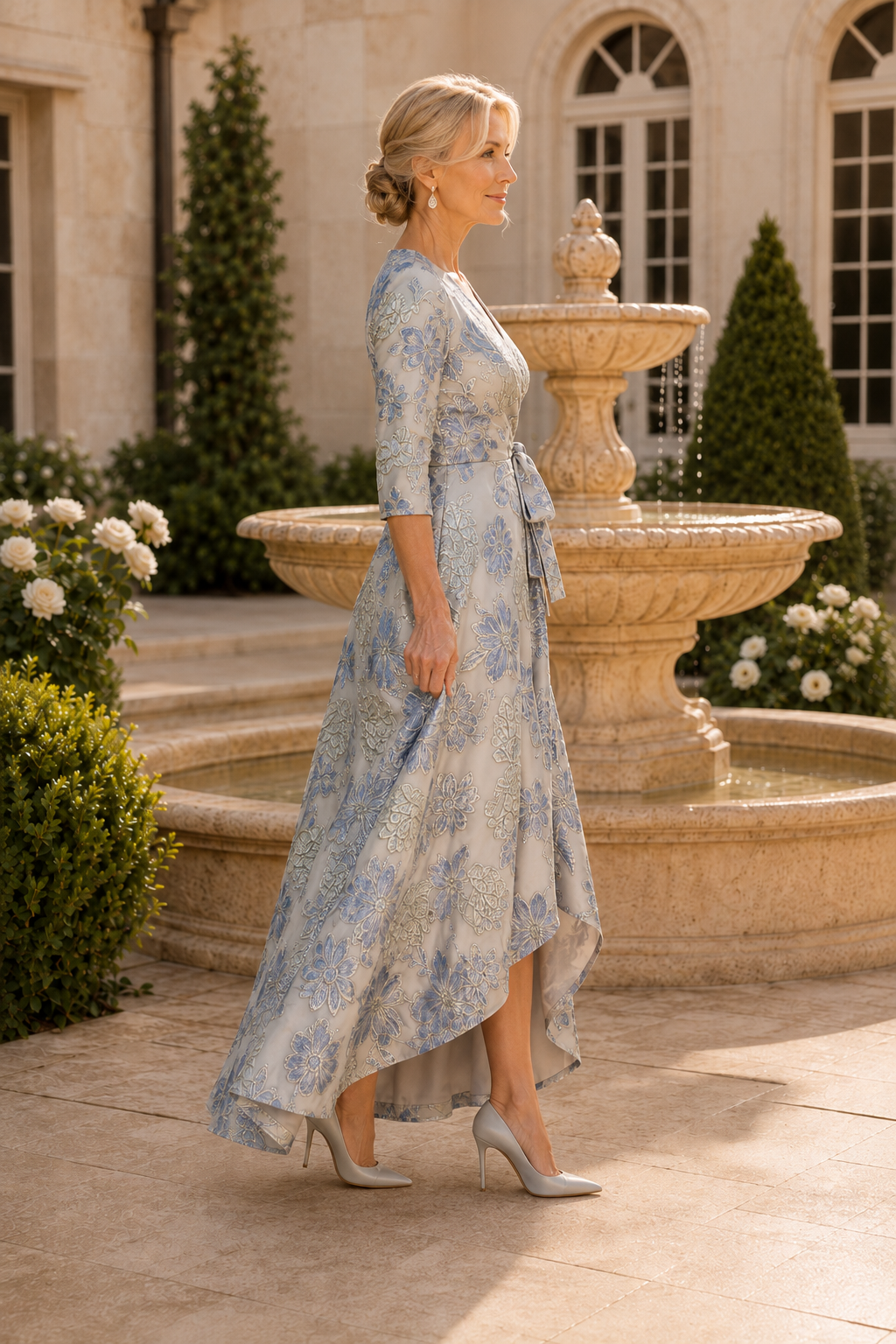Vestido cruzado floral jacquard asimétrico