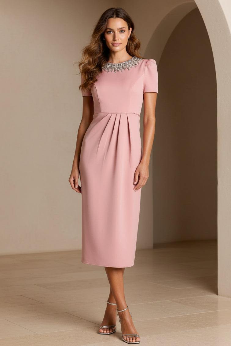 Vestido Tubo Midi Plisado con Escote de Cristal