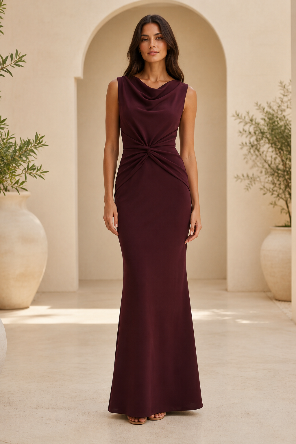 Vestido de Noche Sirena Drapeado con Cuello Redondo