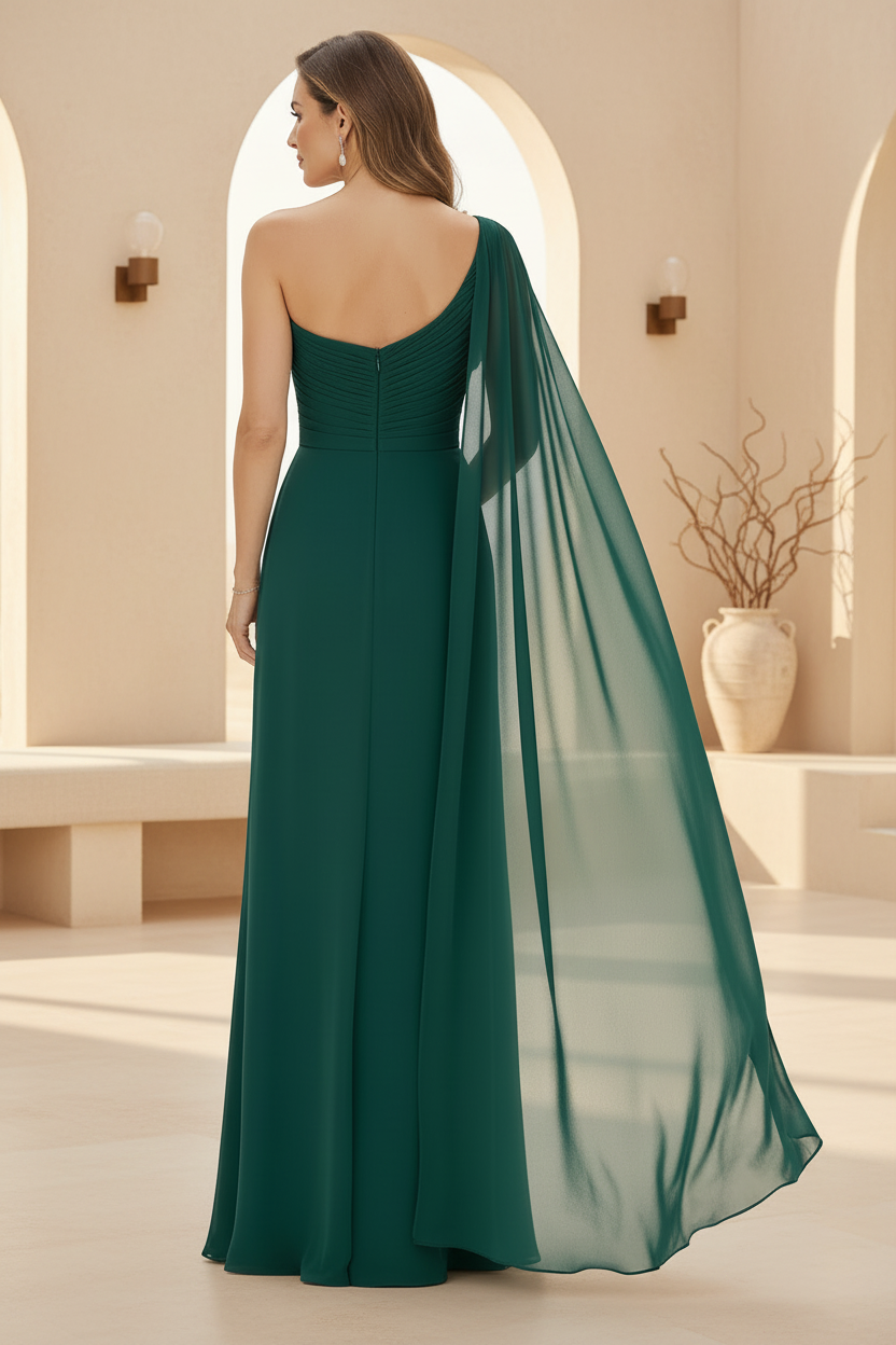One-Shoulder Cape Chiffon Evening Gown