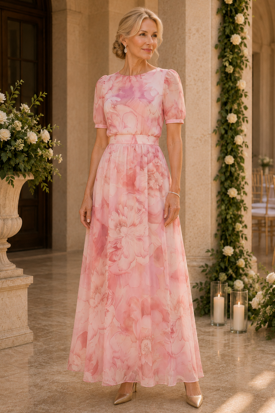 Vestido largo evasé con estampado floral y mangas abullonadas