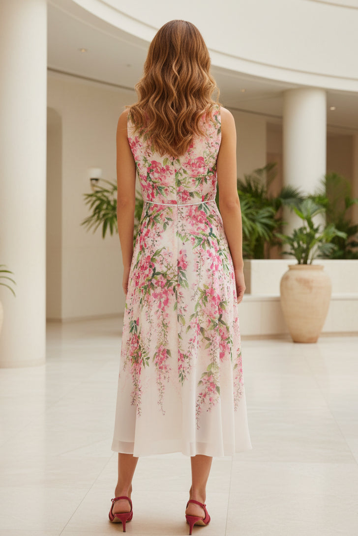 Elegante vestido midi de chifón con estampado floral