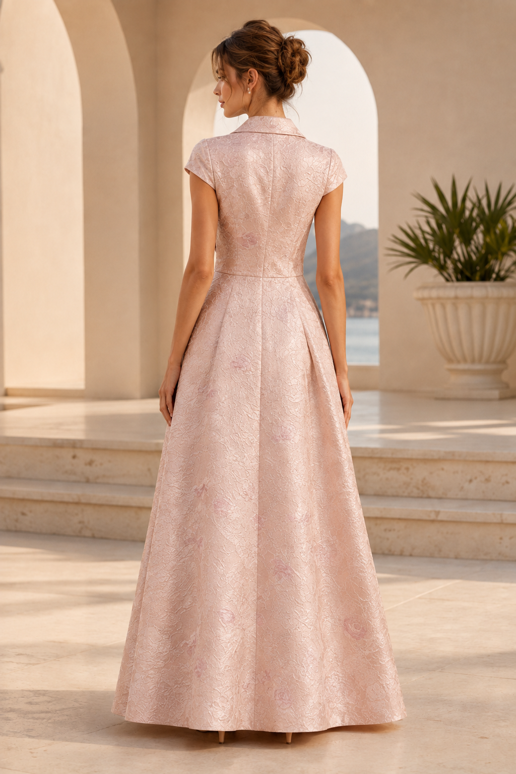 Vestido de Noche en Línea A con Brocado y Cuello, y Flores 3D