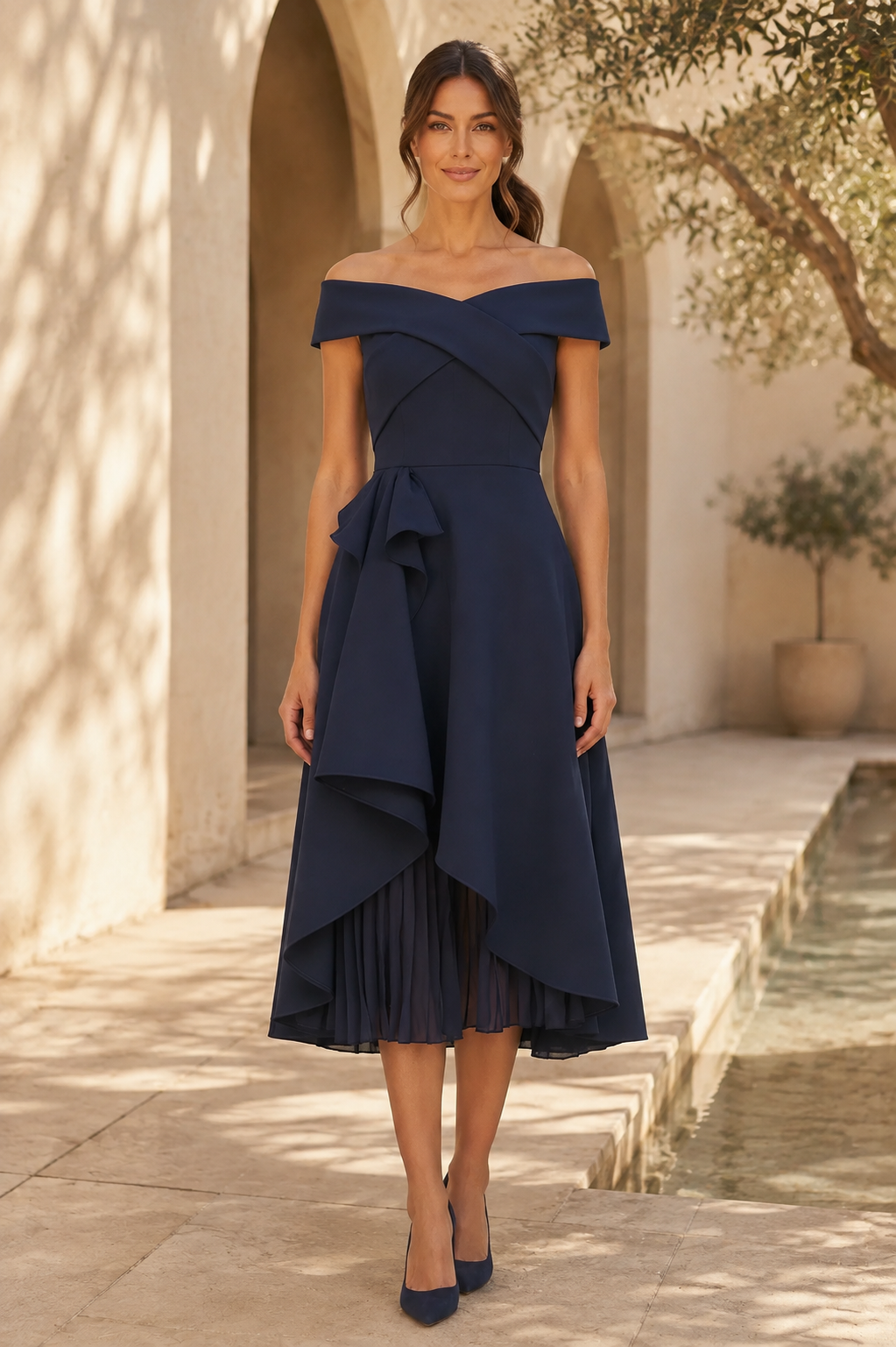 Vestido Midi con Hombros Descubiertos y Falda con Volantes en Cascada