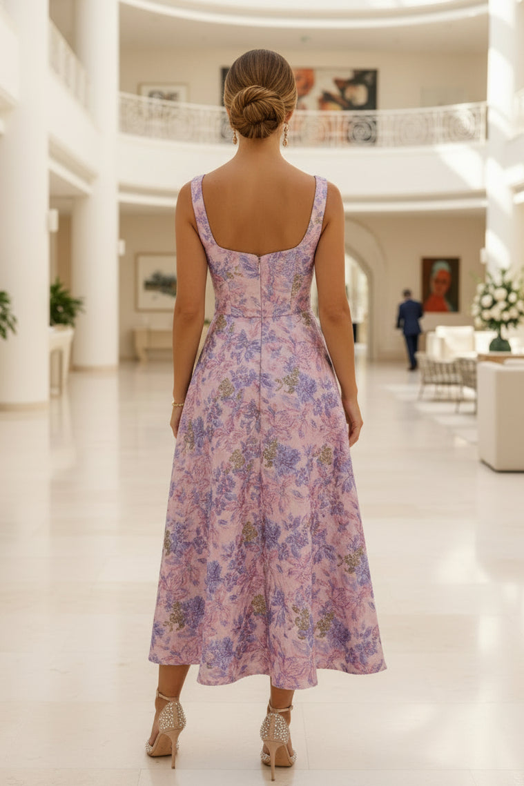 Vestido midi de jacquard floral con detalle de lazo
