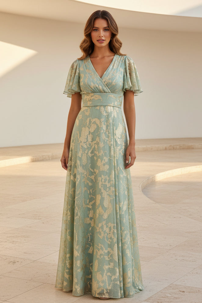 Vestido de noche acampanado con manga de volantes en jacquard metalizado