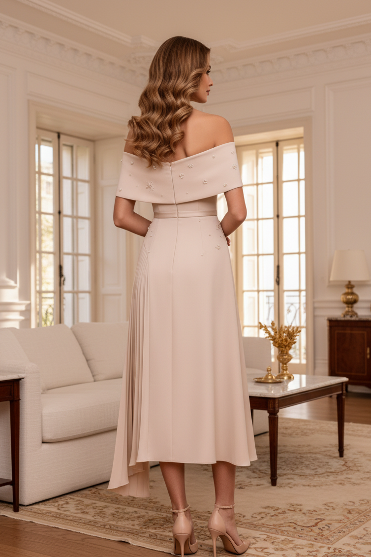 Vestido midi plisado con perlas y hombros descubiertos