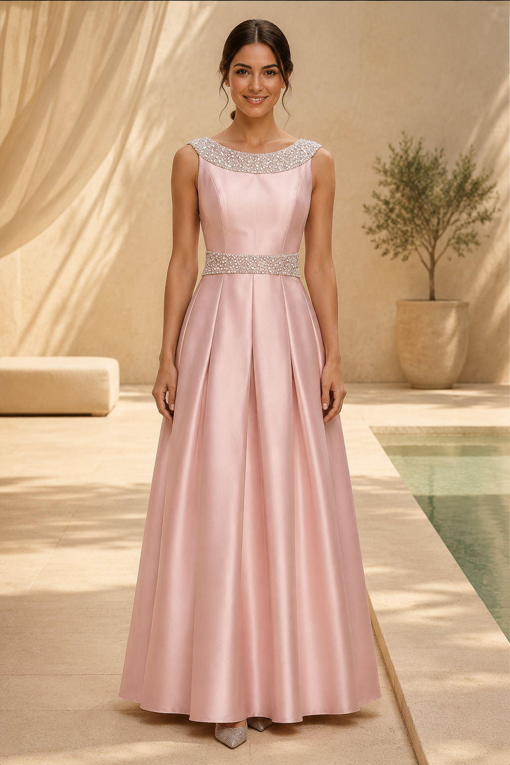 Vestido de satén acampanado con cuello tipo barco y pedrería