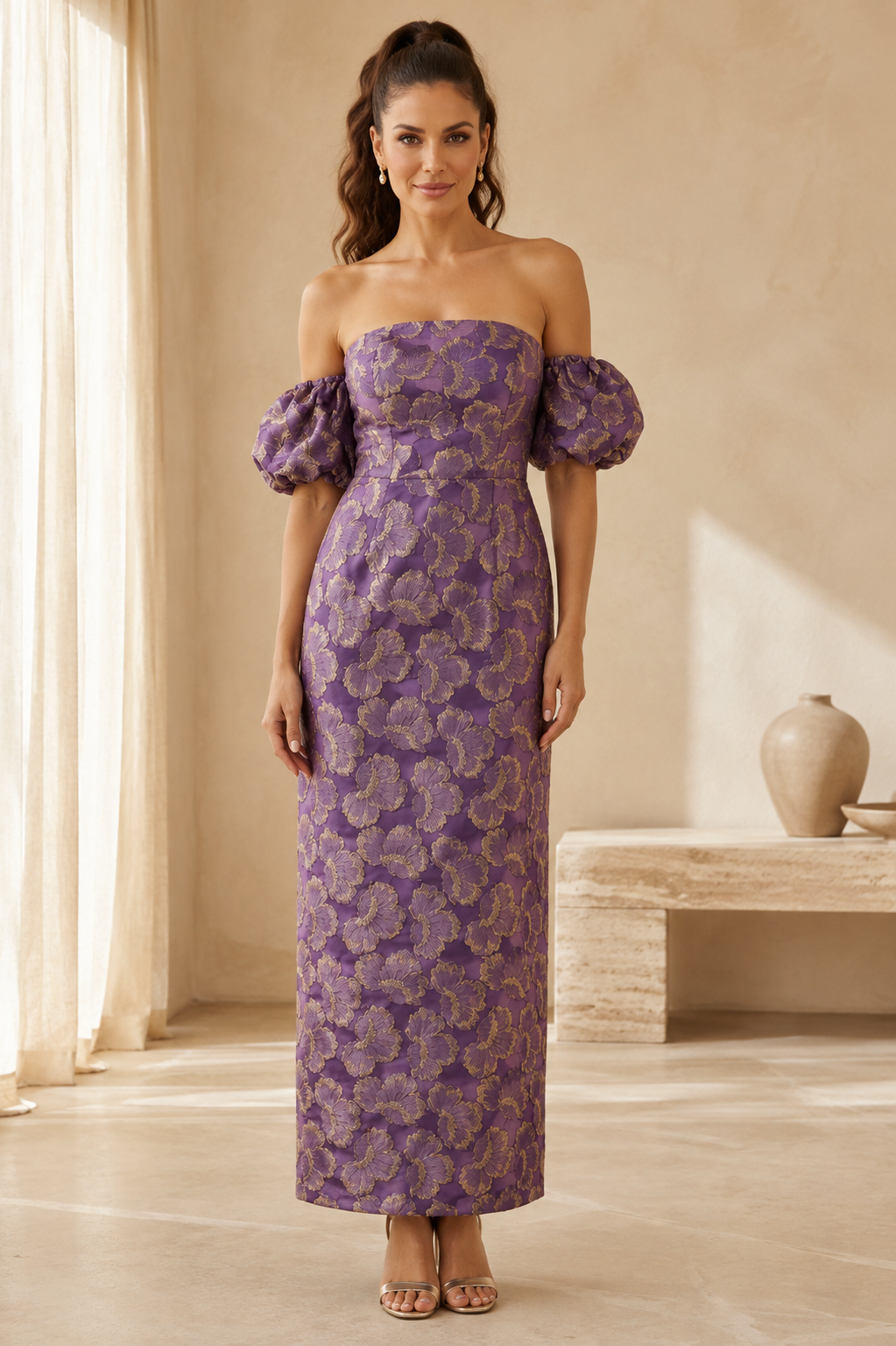 Vestido columna de jacquard con mangas abullonadas y hombros descubiertos