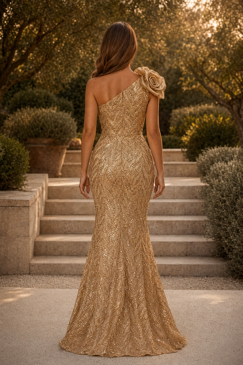 Vestido de noche sirena con lentejuelas florales y un solo hombro