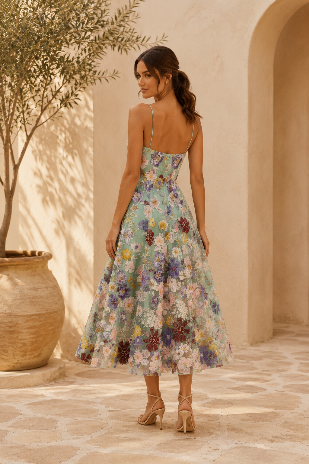 Vestido Midi con Escote Corazón y Bordado Floral