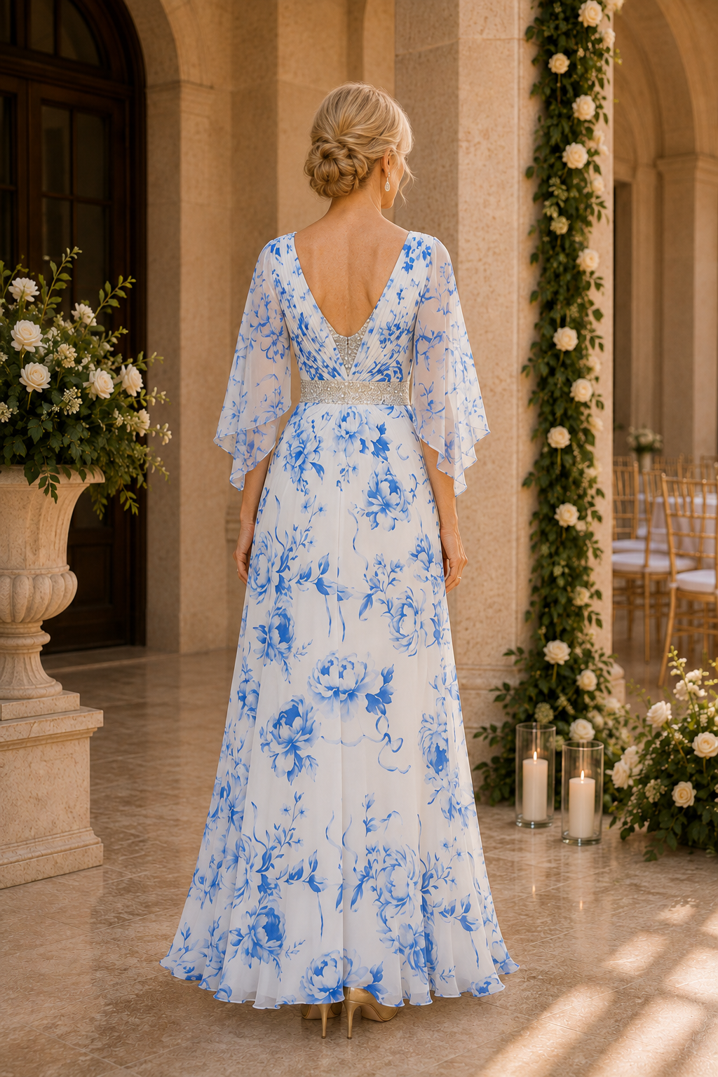 Vestido largo acampanado con estampado floral y mangas mariposa