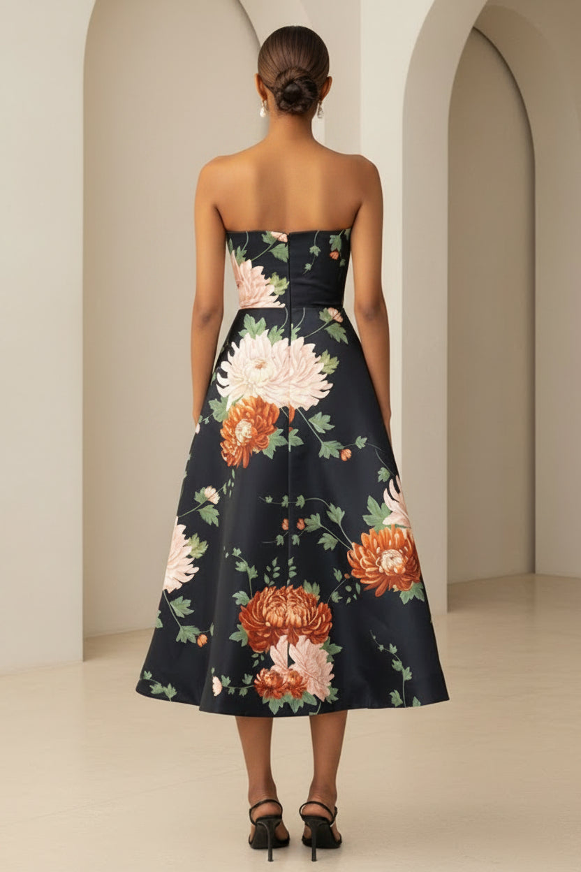 Vestido Midi Acampanado Floral sin Tirantes