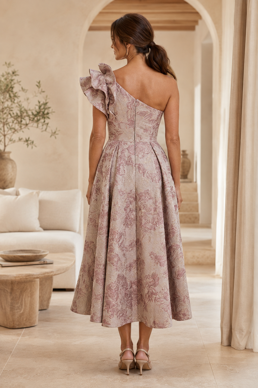 Vestido Midi de Jacquard Floral de un Solo Hombro con Volantes